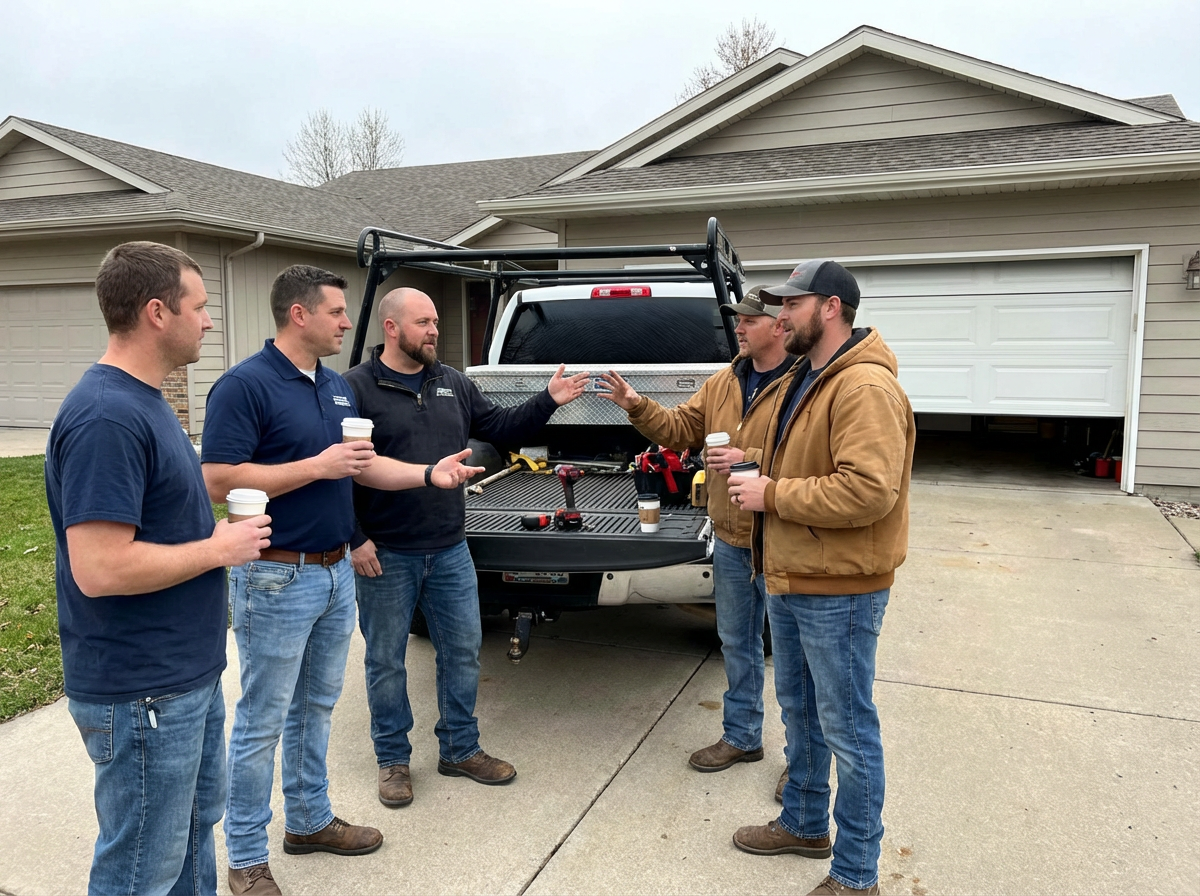 Modern Overhead Door team discussing a project